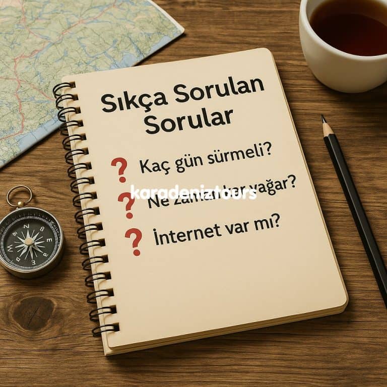 Sıkça Sorulan Sorular not defteri, Rize çıkışlı Karadeniz turu ve bungalov konaklama hakkında bilgiler içerir.